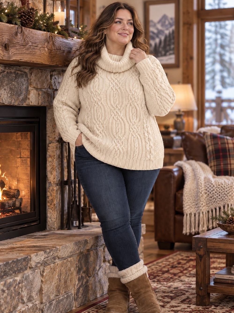 Aran Crafts Cable Knit Cowl Sweater in Cream